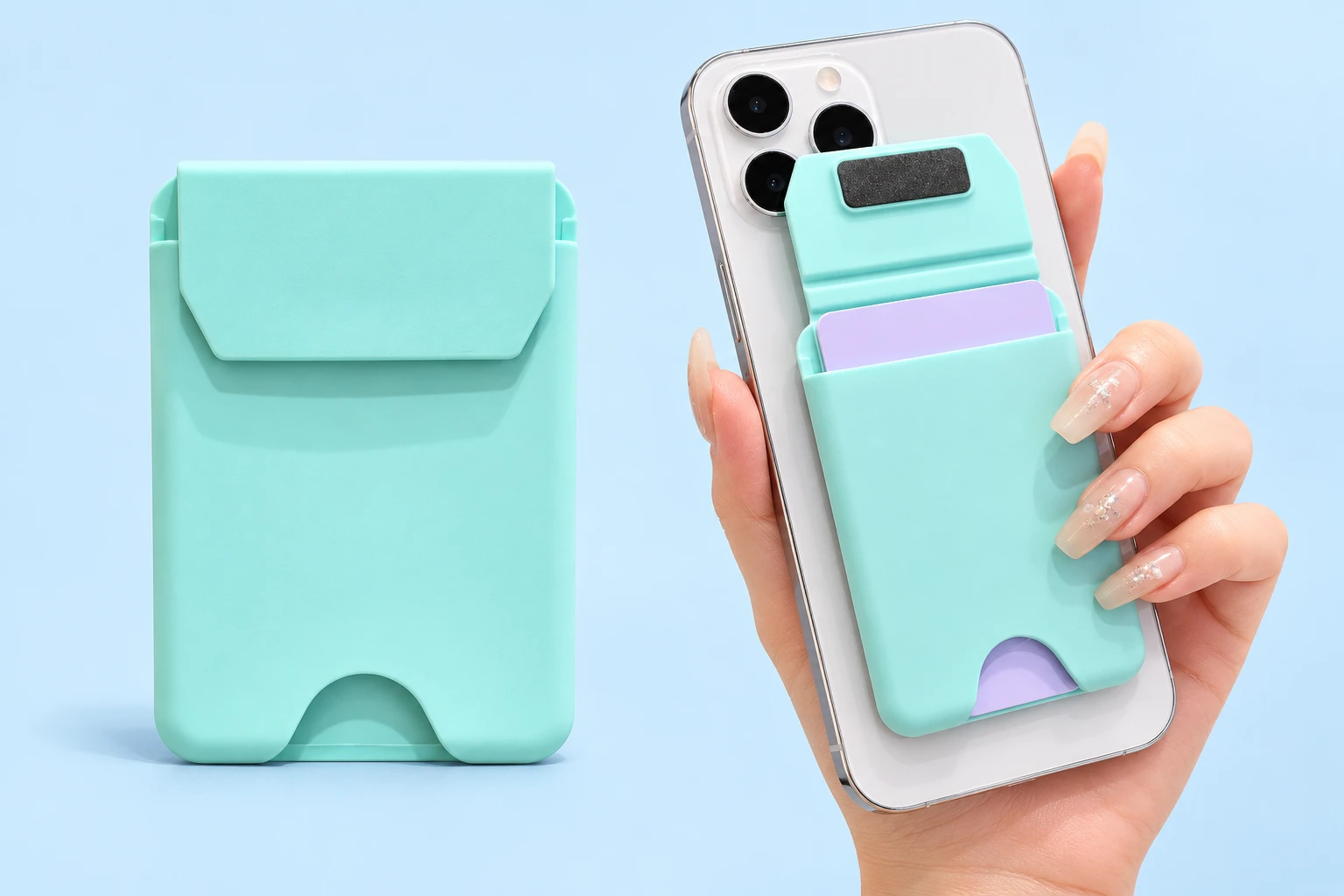 Mint flip-top silicone wallet phone stand shown closed and with a card on a held phone