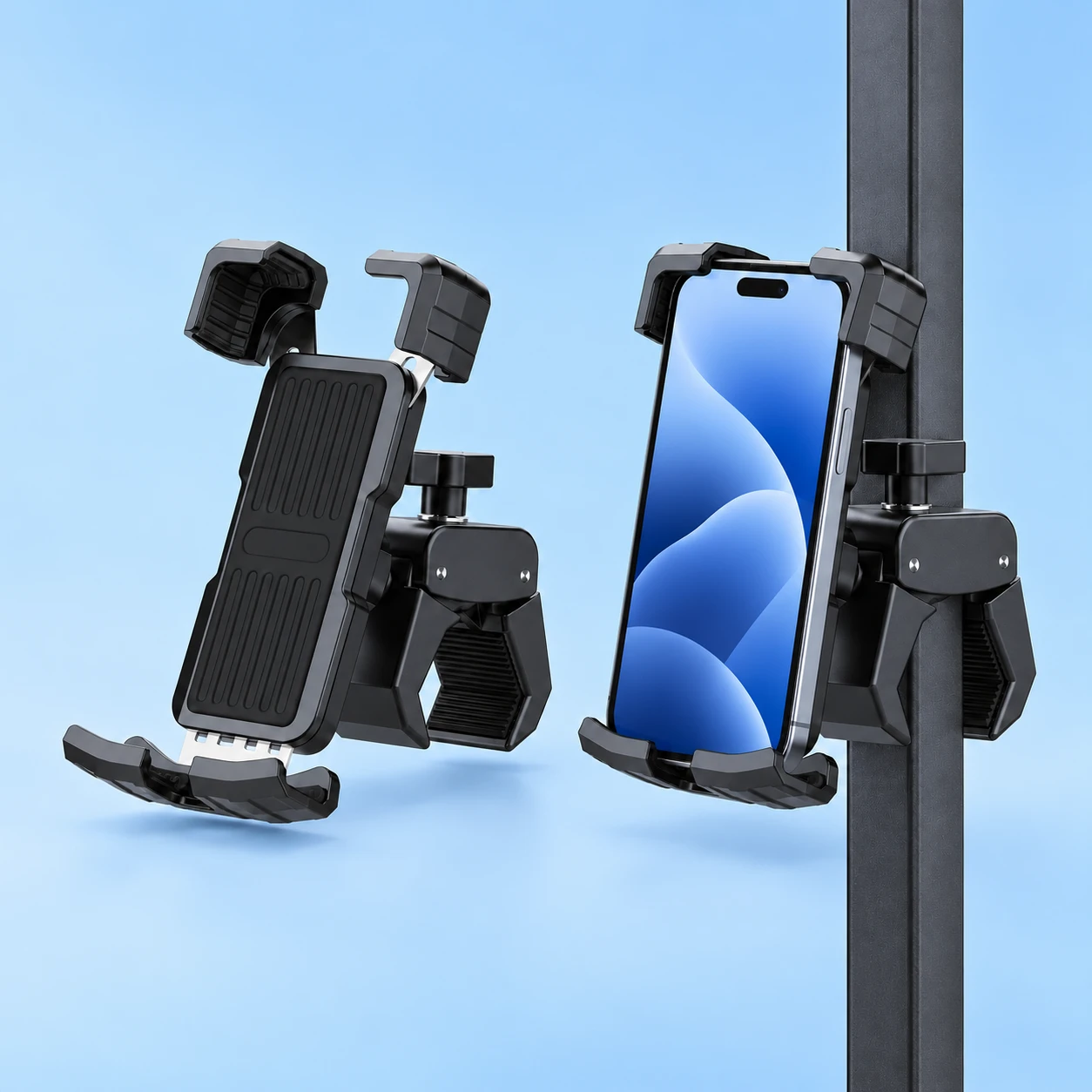 Black A295+X456 Square-Mouth Clamp Phone Holder; product and illustrative use on pale blue. Phone and scene props excluded., square composition