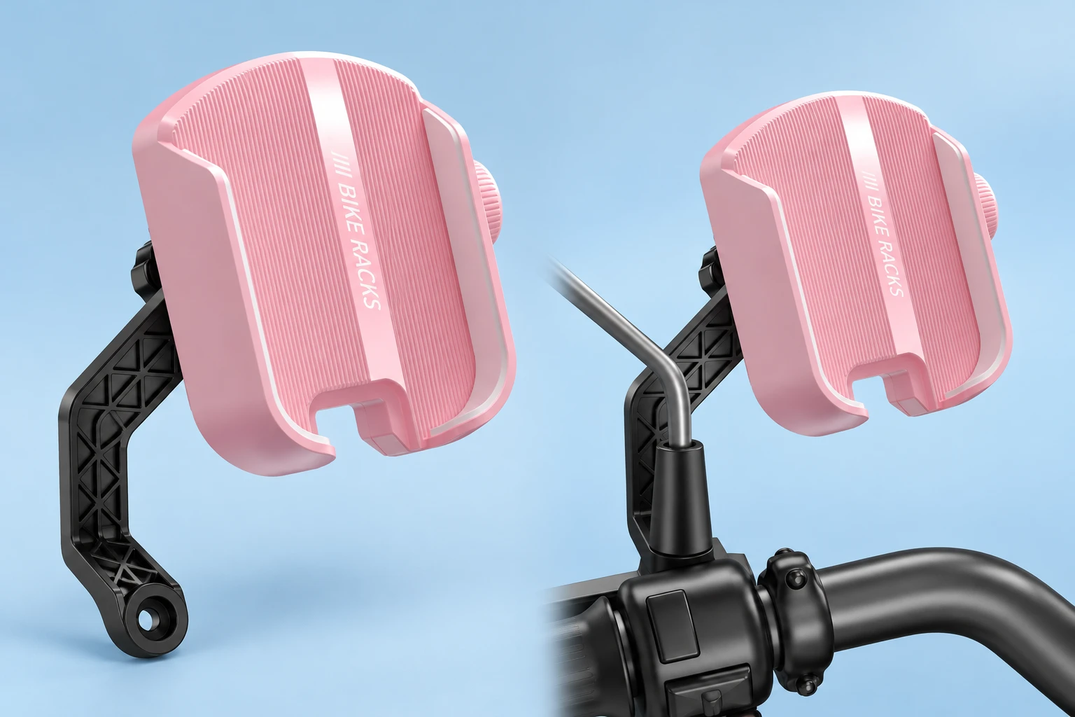 Pastel pink split-cradle phone holder with black mirror-base arm shown complete and installed empty