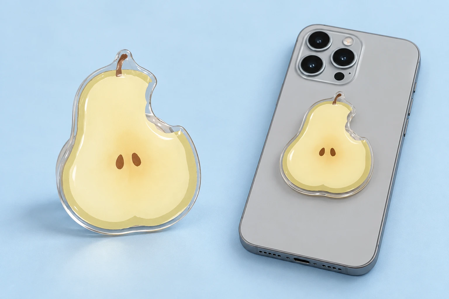Pale yellow bitten-pear expandable phone grip and closed phone-back mounting illustration