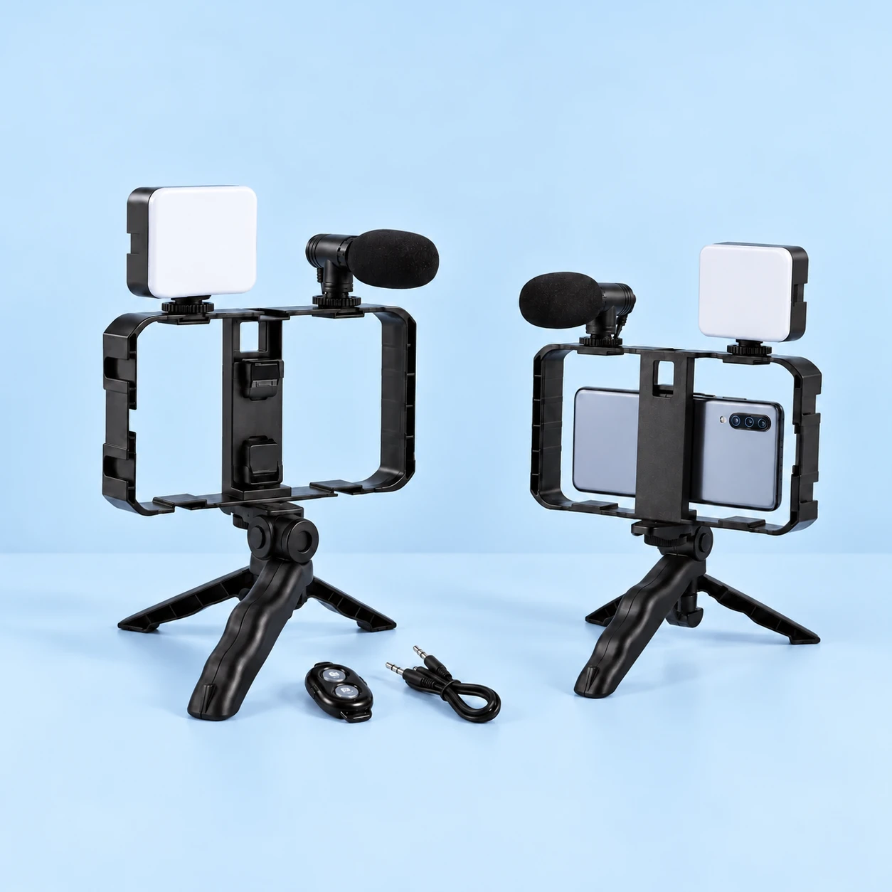 Black AY49X Single-Light Phone Cage Kit; product and illustrative use on pale blue. Phone and scene props excluded., square composition