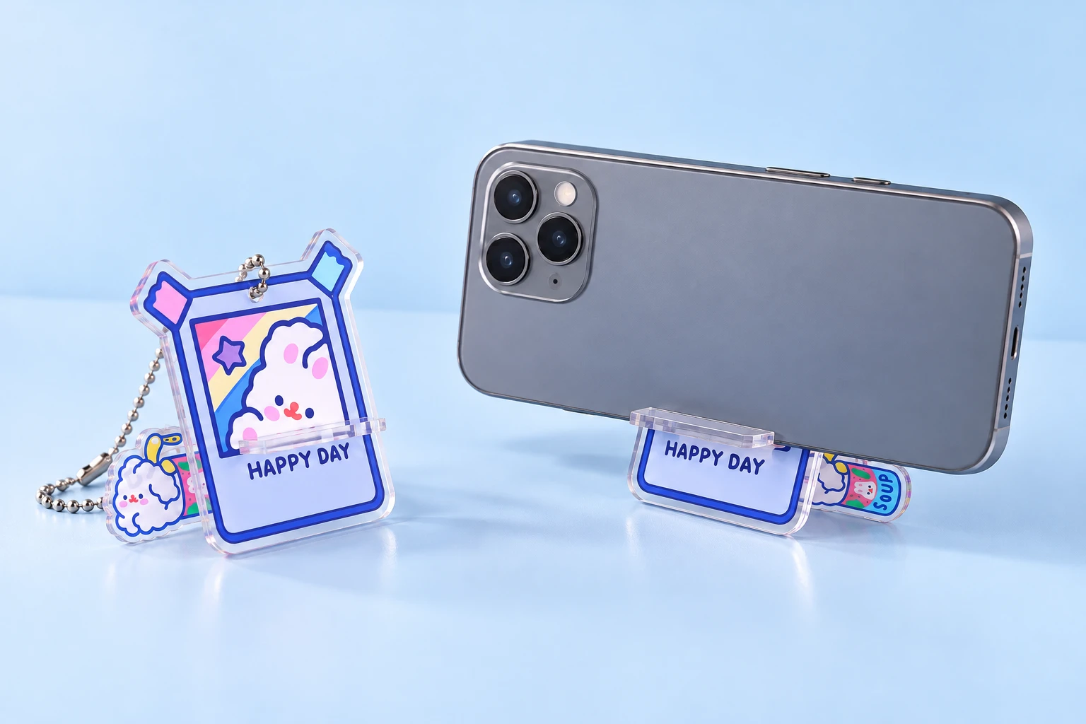 Happy Day bunny photo-frame acrylic keychain phone stand and landscape phone illustration