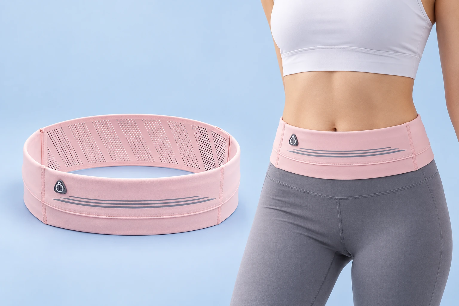 Pastel pink mesh-back phone belt shown flat and worn closed around an adult waist