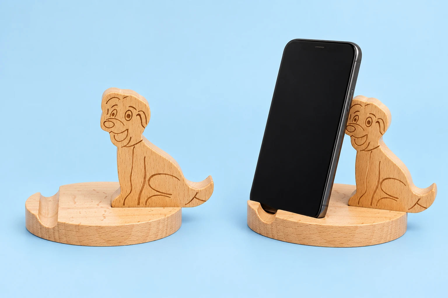 Wooden Seated Dog Phone Stand shown complete and supporting a portrait phone in its base groove