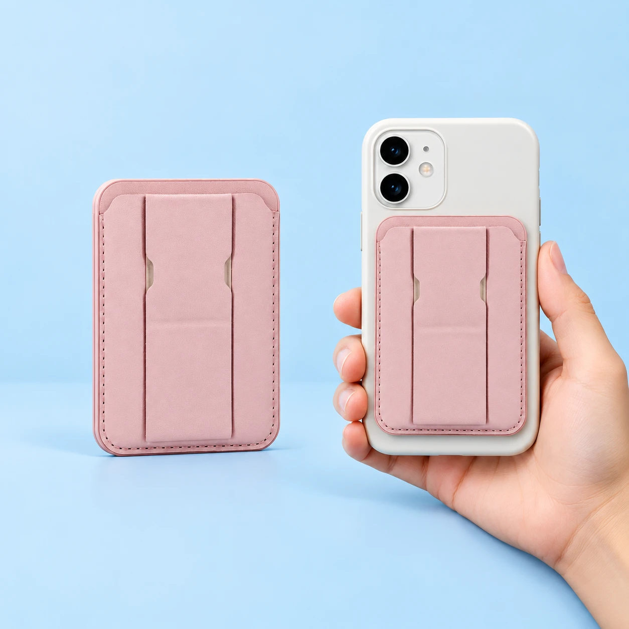Pastel pink center-band wallet phone stand shown closed alone and magnetically mounted on a phone, square composition