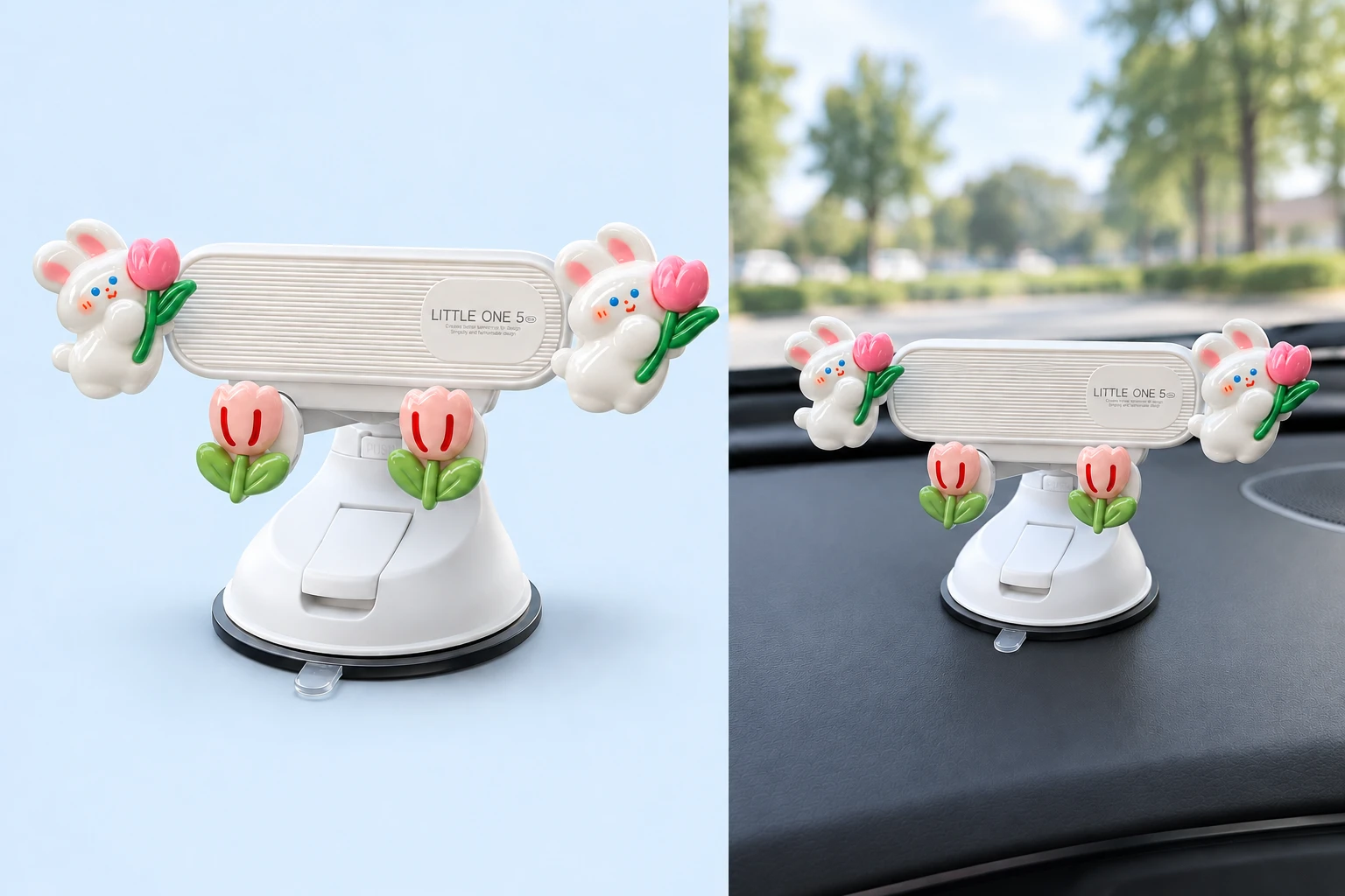 Tulip bunny phone holder with short suction pedestal shown complete and installed empty on a dashboard