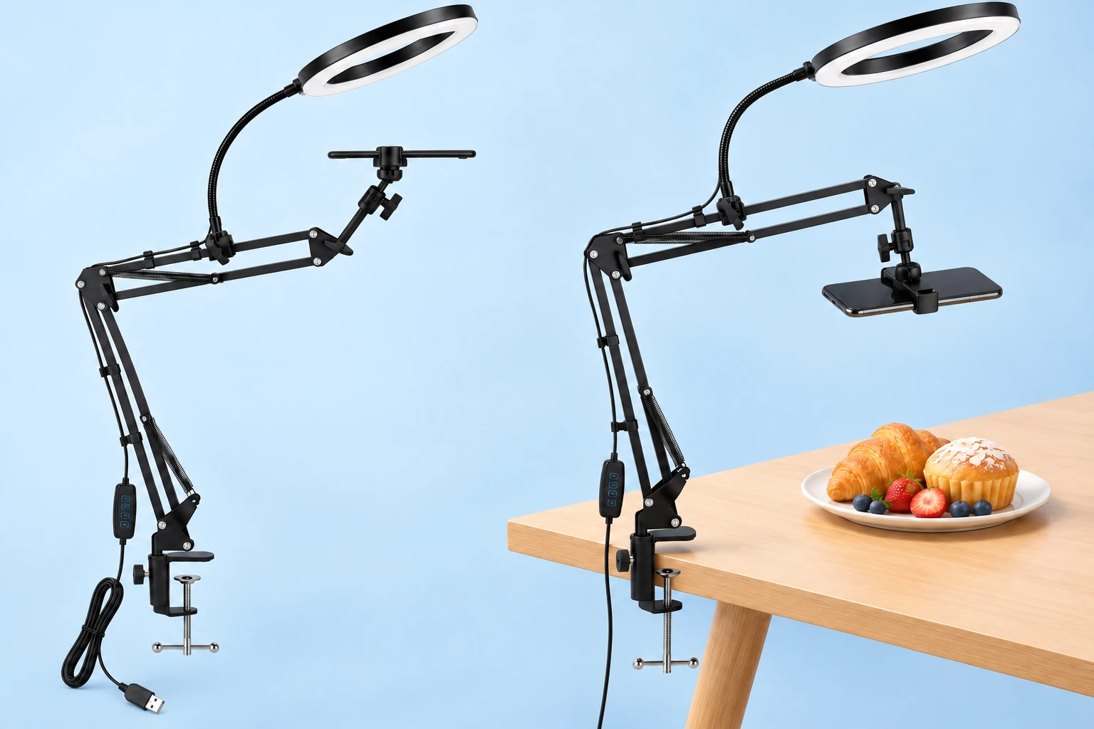Black Desk-Clamp Phone and Ring Light Kit