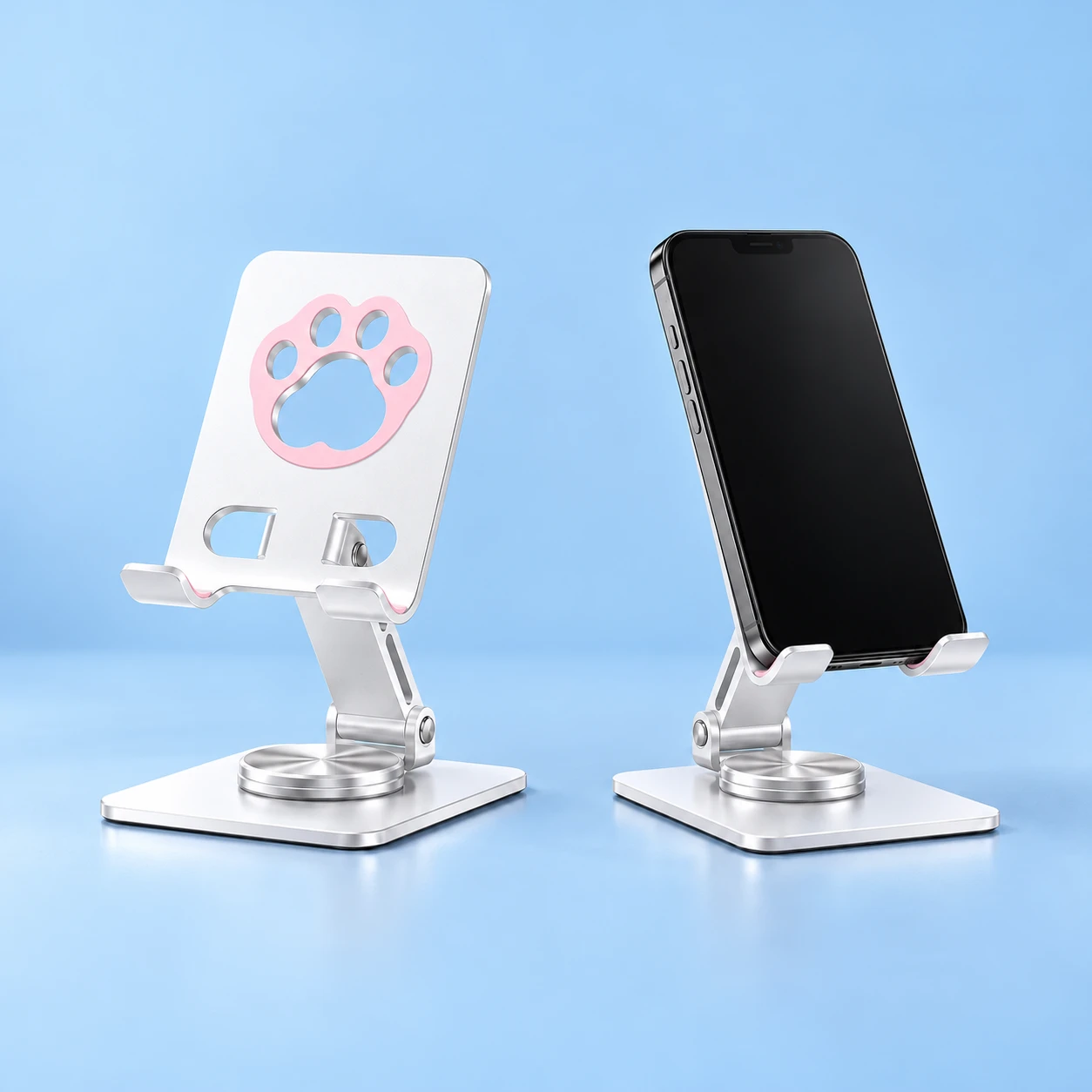 White pink-paw cutout rotating metal phone stand and portrait phone use, square composition