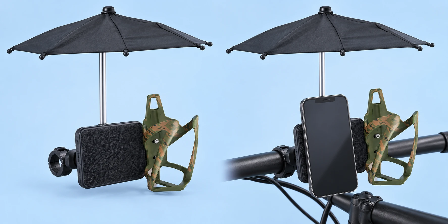 Black Hook-and-Loop Handlebar Phone Holder with Umbrella