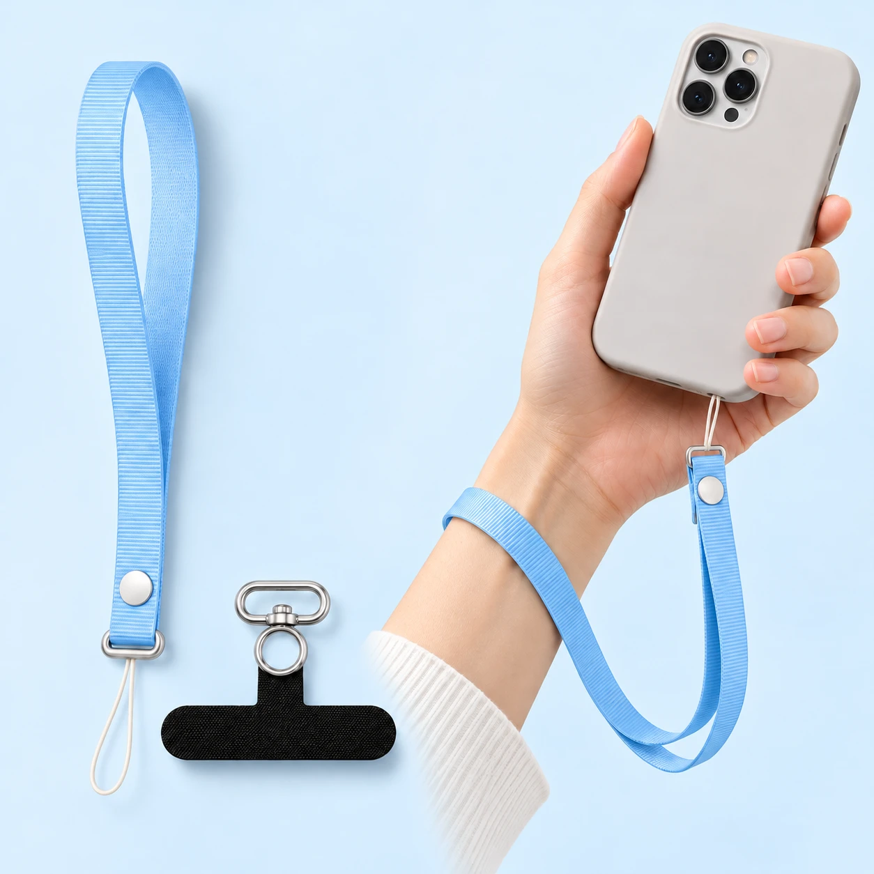 Clear-blue woven snap-fold phone wrist strap with original thin tether and separately shown included case anchor; supported-phone use through a compatible eyelet.