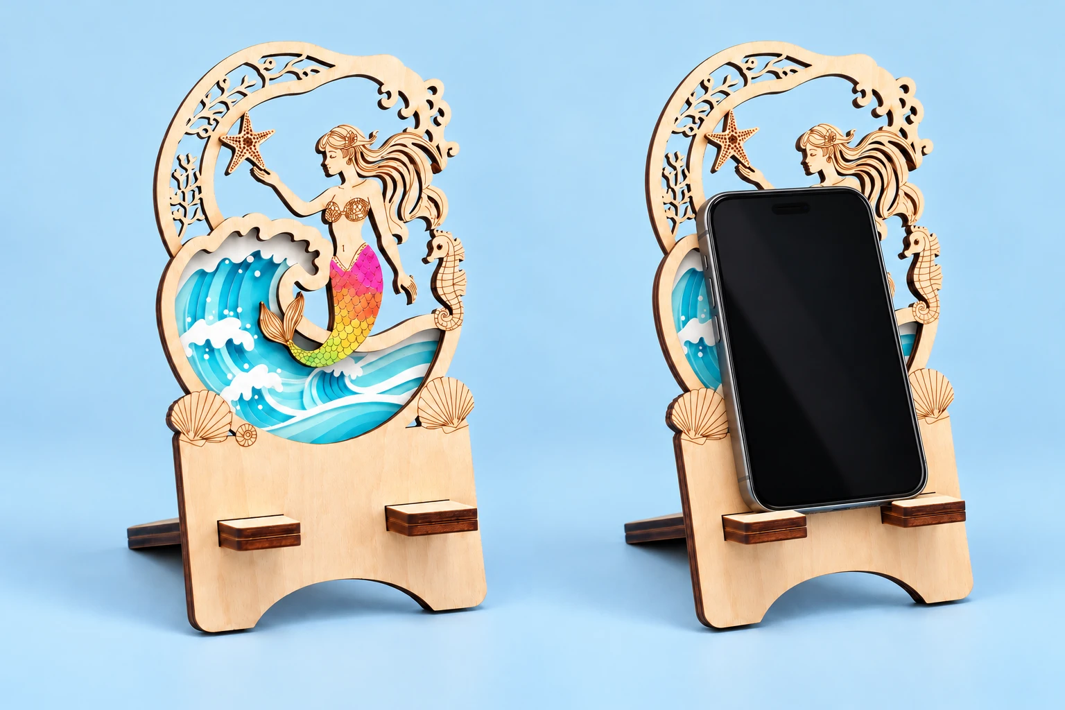 Wave mermaid wooden phone stand with flat support tabs and illustrative portrait phone use