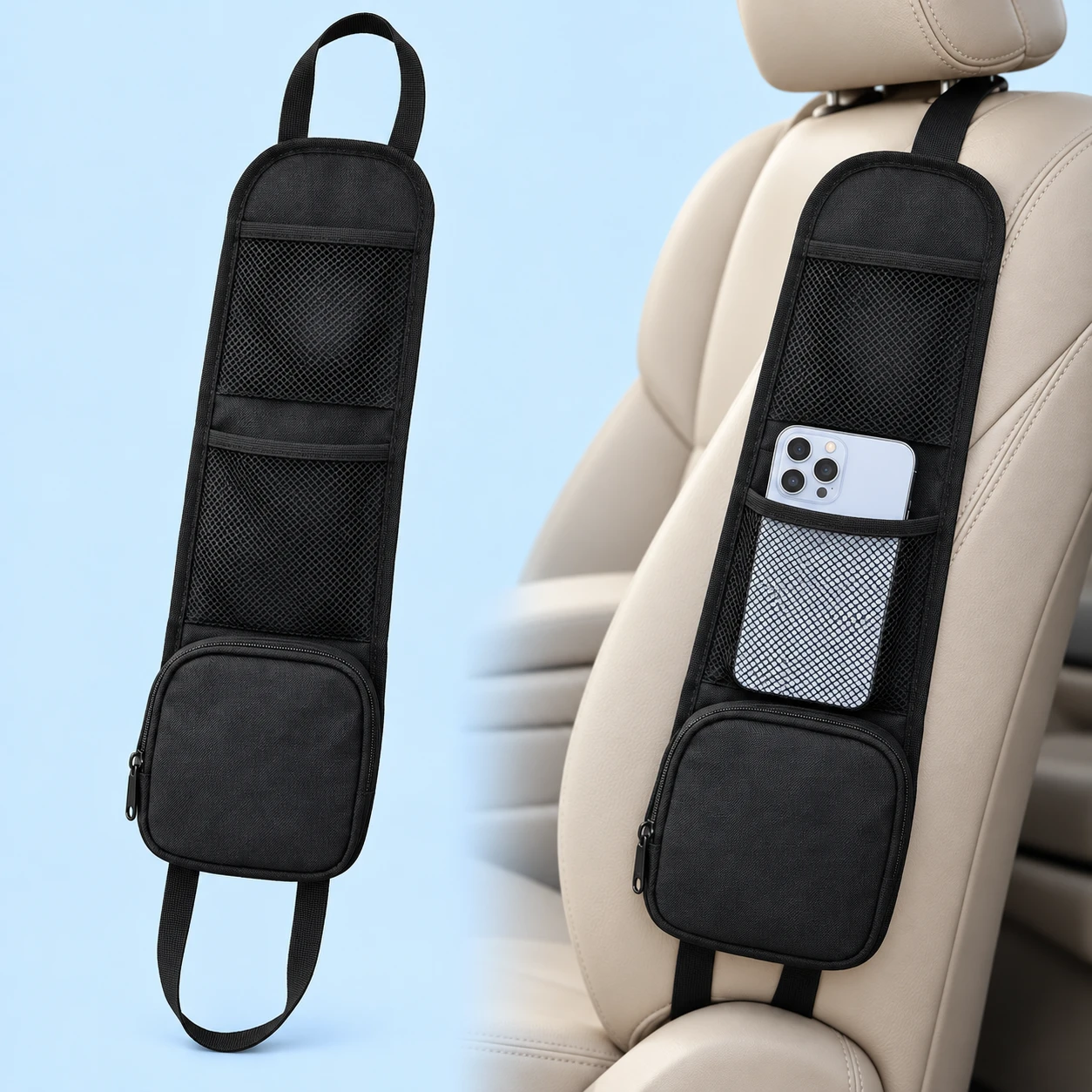 Black Seat-Side Mesh Phone Storage Bag