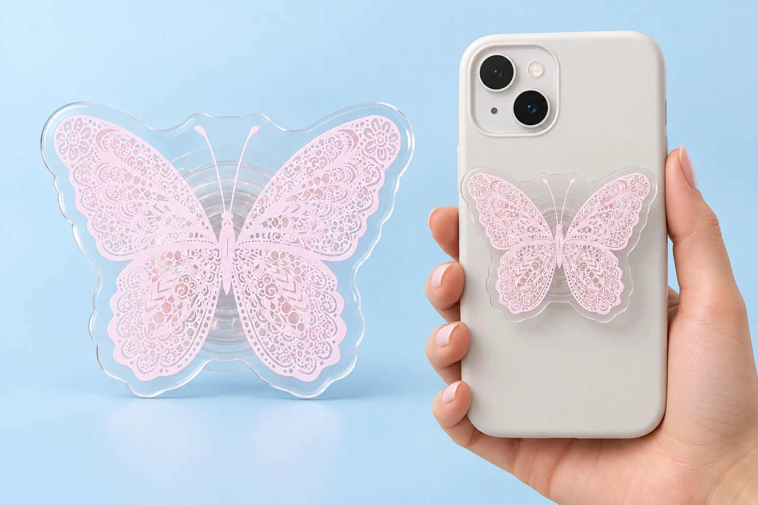 Pink lace-print transparent butterfly phone grip and mounted phone illustration
