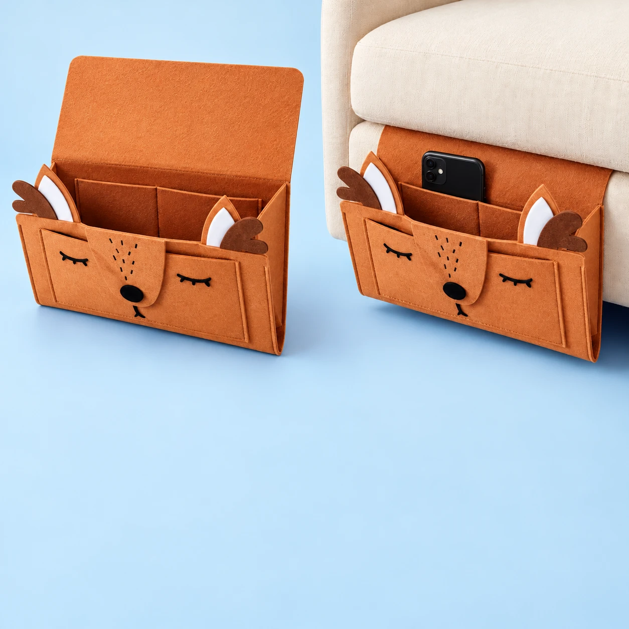 Brown Deer Cushion-Tuck Phone Storage Pocket; product and illustrative use on pale blue. Phone and scene props excluded., square composition