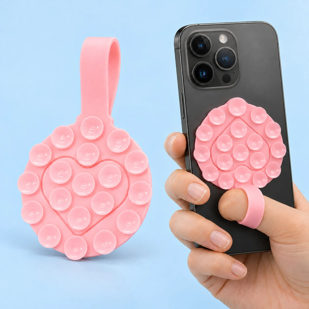 Pale Pink Round Double-Sided Suction Phone Patch with Finger Loop; product and illustrative use on pale blue. Phone and scene props excluded.