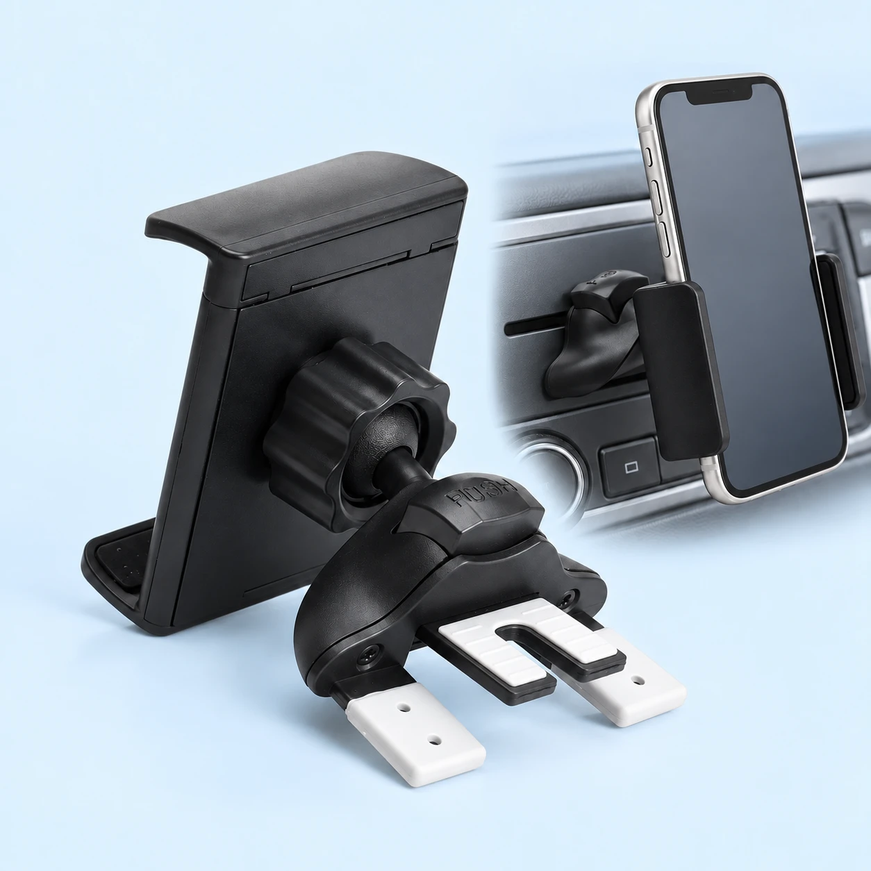 Complete black-and-gray push-button CD-slot phone holder with its original U-shaped center tongue, outer tongues and empty cradle on the left; the same holder supporting a portrait phone at a stationary stereo CD slot on the right, against a pale-blue background.
