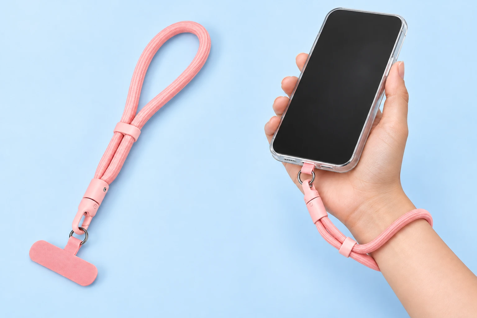 Pastel pink adjustable rope wrist phone lanyard with included pink fabric tab, shown complete and attached to a phone case
