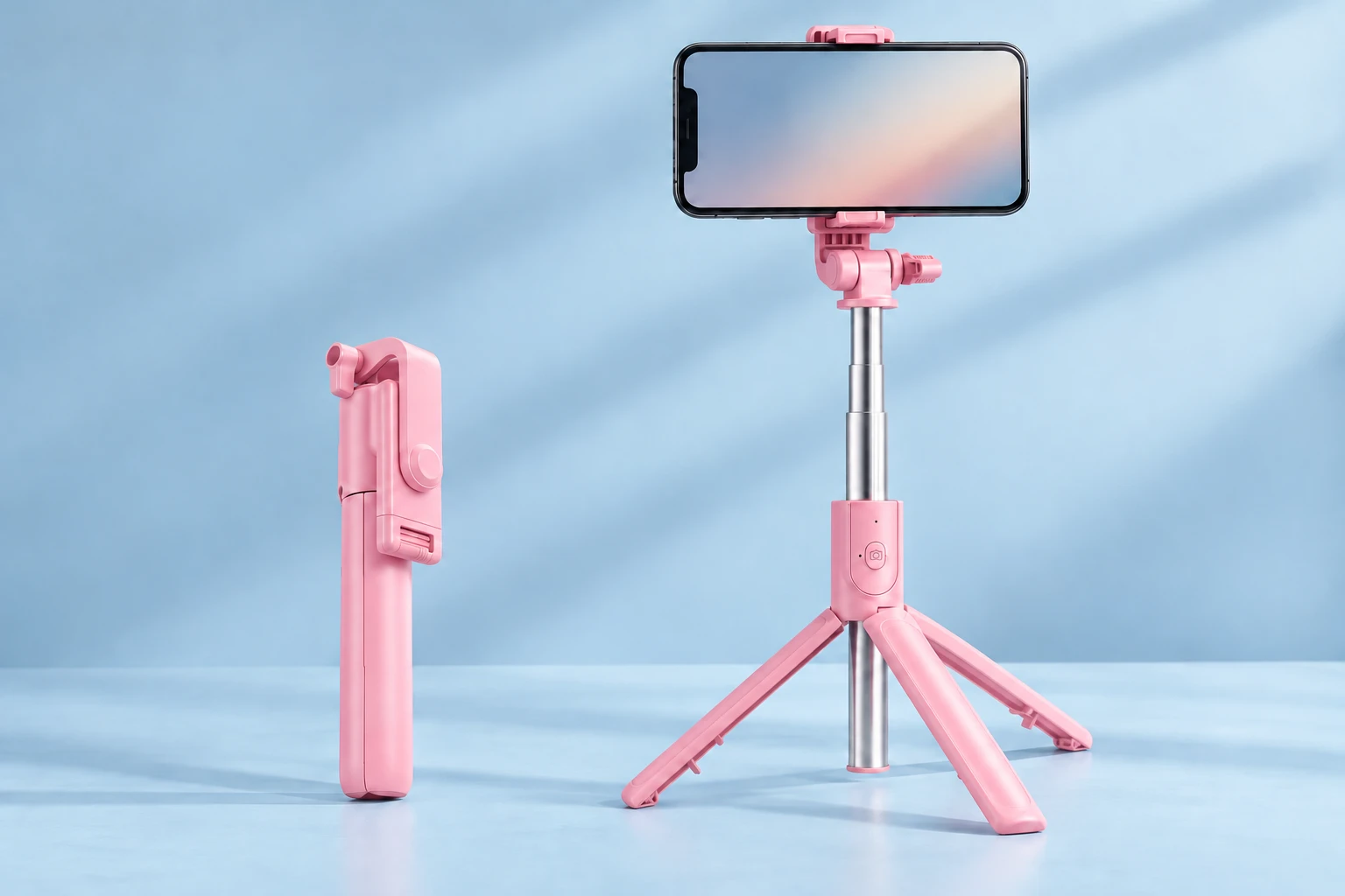 Pink compact selfie stick tripod shown folded and deployed with a landscape phone
