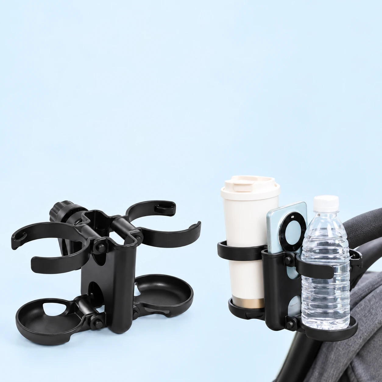 Black ALJ4077 Folding Dual-Cup Stroller Phone Holder; product and illustrative use on pale blue. Phone and scene props excluded., square composition
