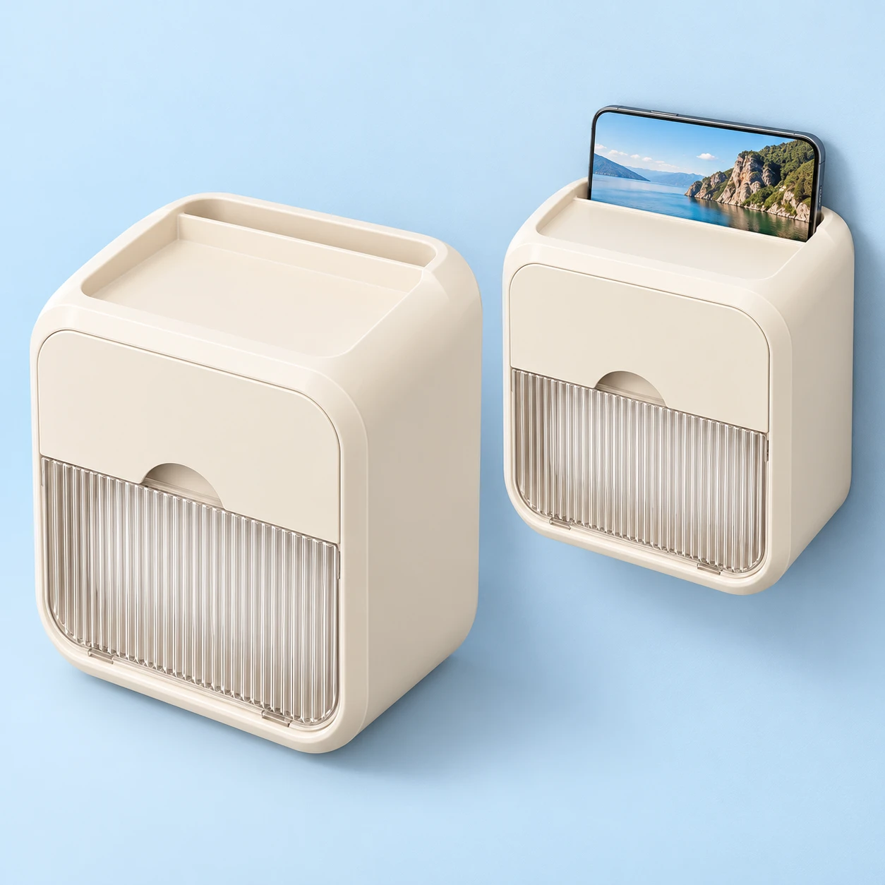 One cream wall cabinet with an empty original phone groove at left and the same cabinet mounted on a wall supporting an illustrative landscape phone at right; phone and contents not included.