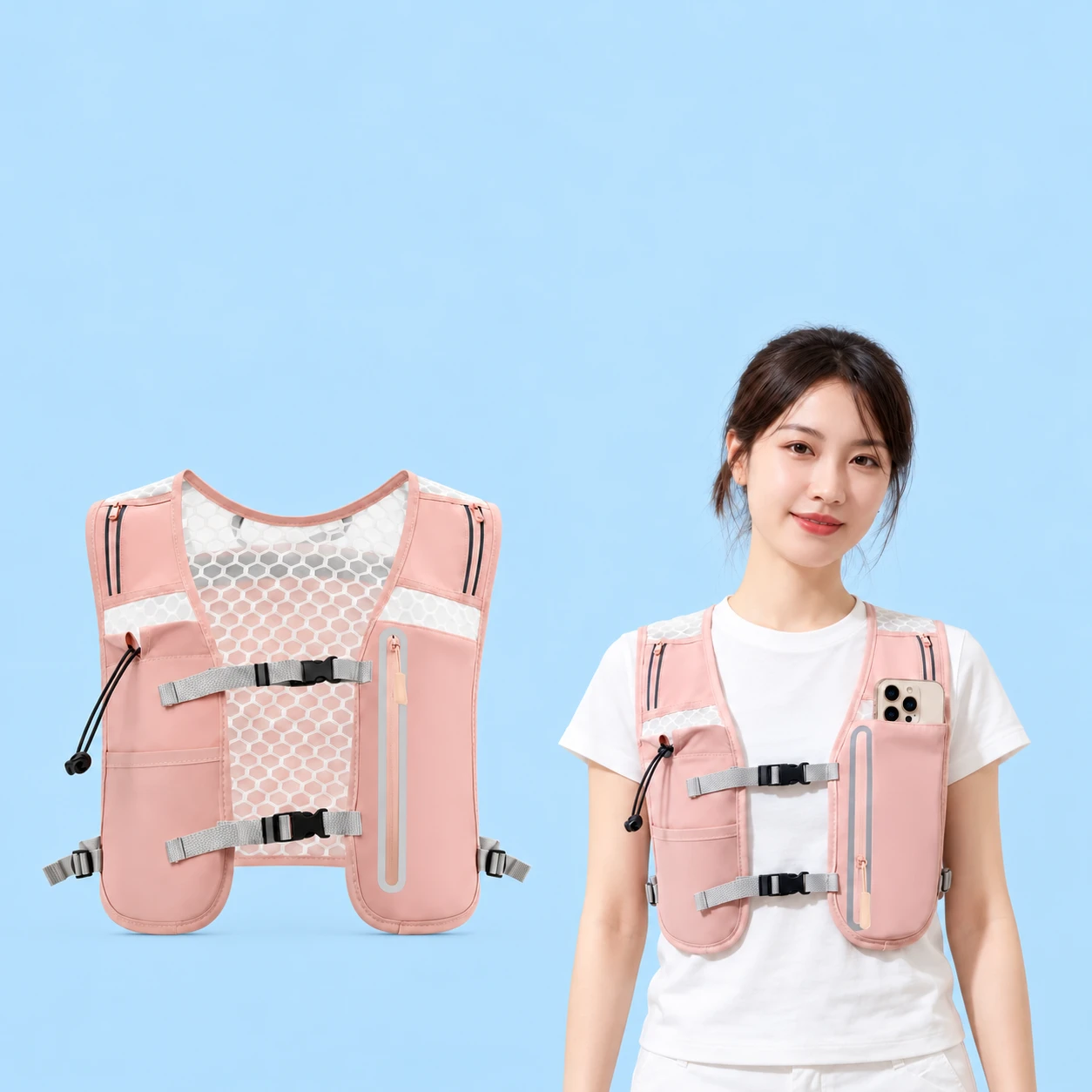 Complete pink split-front phone-carry vest with two original gray buckle bridges at left; the same vest worn by a stationary adult with a phone seated in the original upper sleeve at right, against pale blue. Phone and clothing are not included., square composition