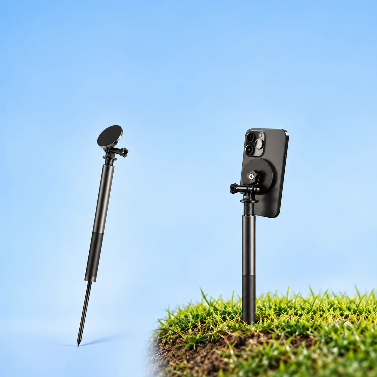 Black Magnetic Phone Support with Integral Ground Spike; product and illustrative use on pale blue. Phone and scene props excluded., square composition
