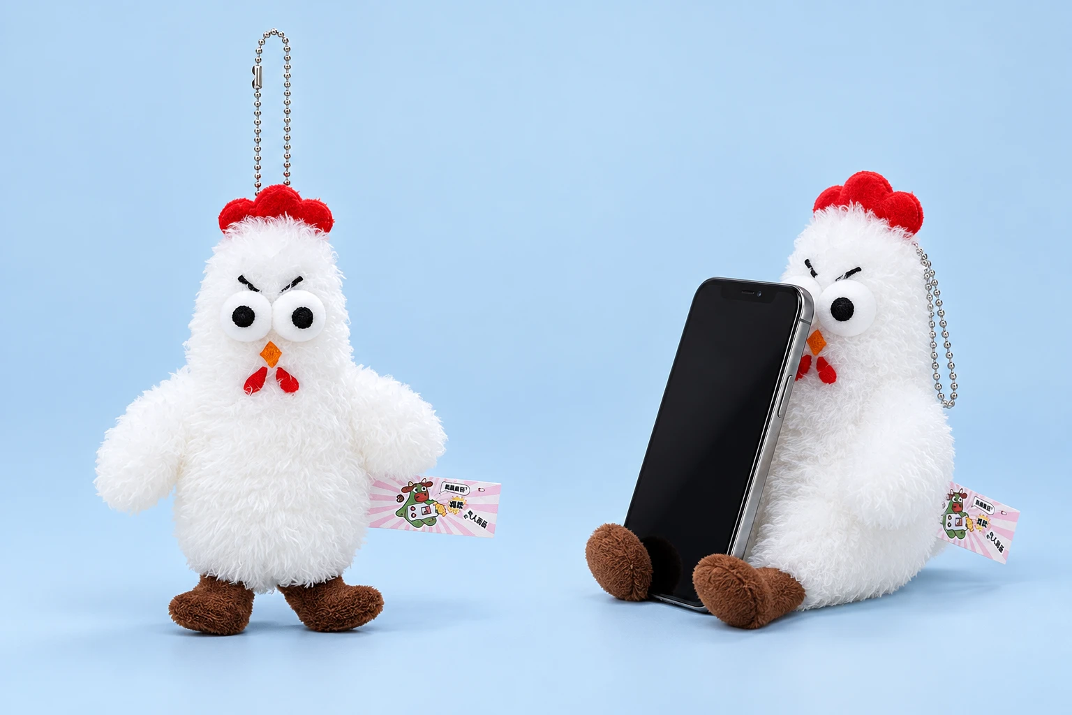 White red-comb chicken plush phone rest with decorative ball chain shown complete and supporting an illustrative phone