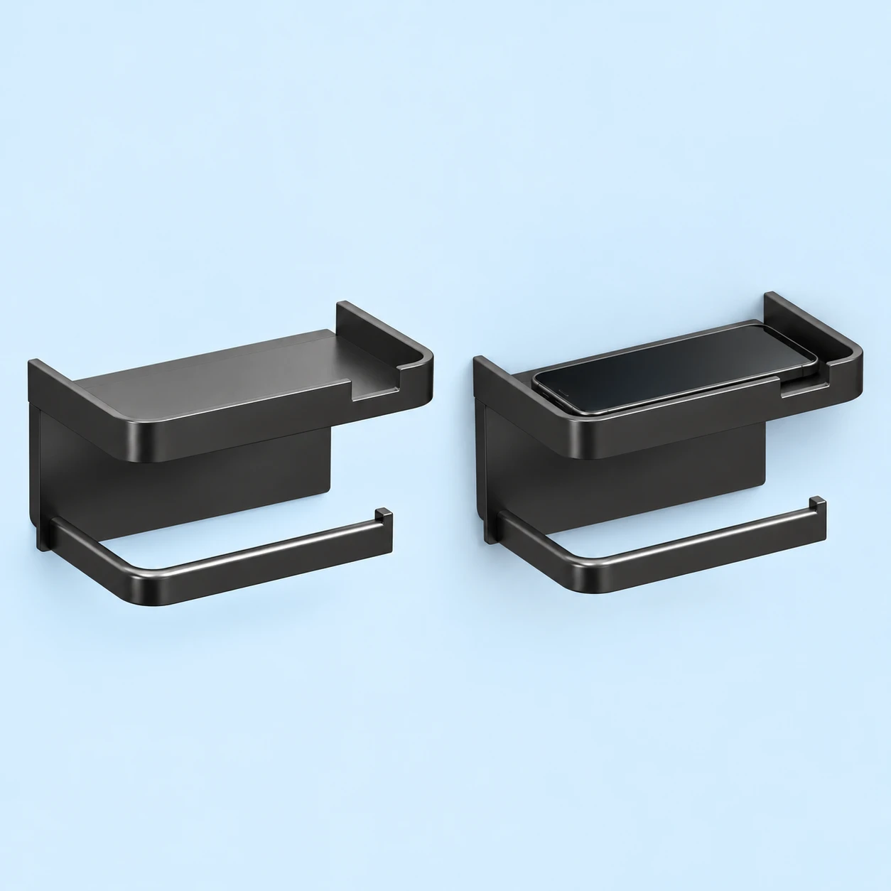 Black Fixed Wall Phone Tray with Cantilever Roll Arm; product and illustrative use on pale blue. Phone and scene props excluded., square composition