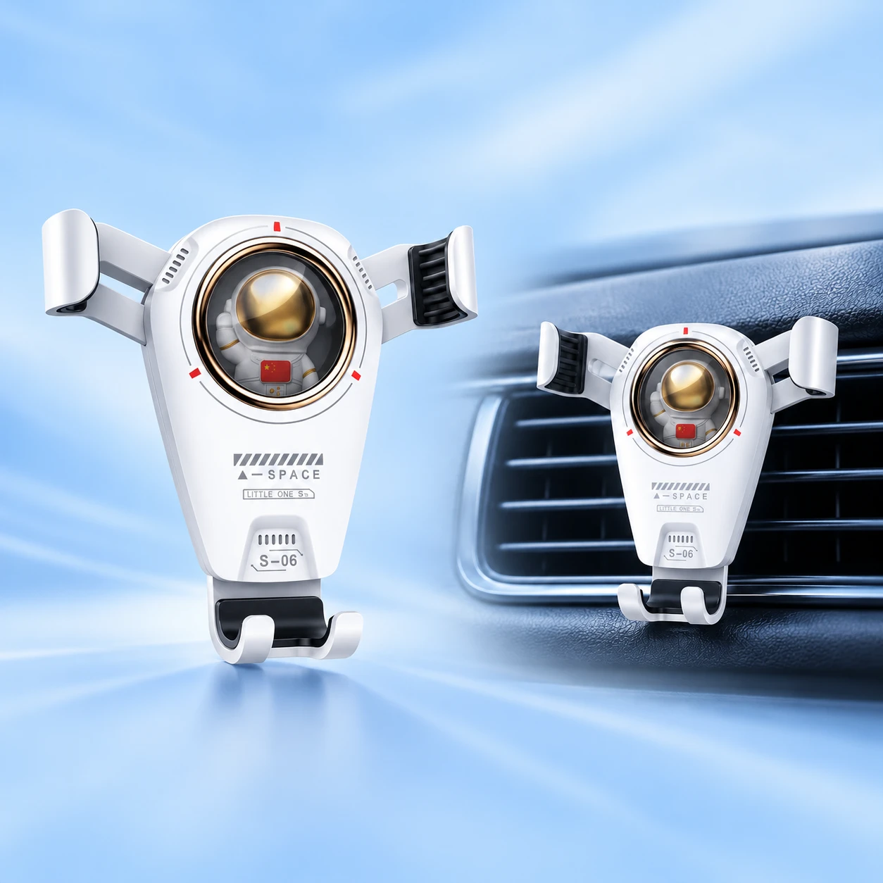 White astronaut capsule phone holder shown alone and mounted empty on a car air vent, square composition
