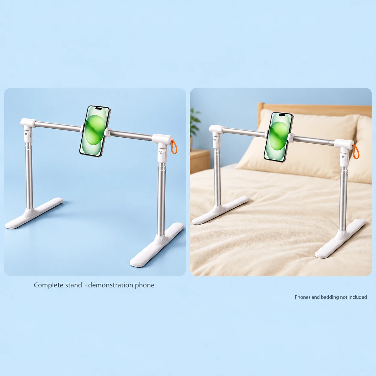 Silver CT13 Twin-Foot Phone Frame; product and illustrative use on pale blue. Phone and scene props excluded., square composition
