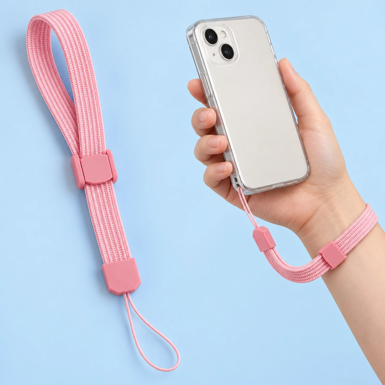 Pink flat woven phone wrist strap with sliding clip and original thin tether, shown complete and in intended supported-phone use.