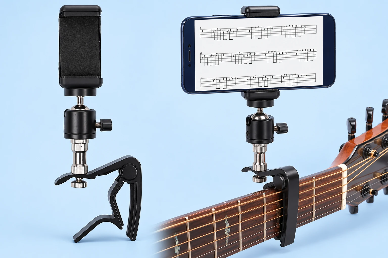 Black capo-mounted guitar phone holder complete on the left and fitted across a guitar neck holding a phone on the right, on pale blue; phone and guitar not included.