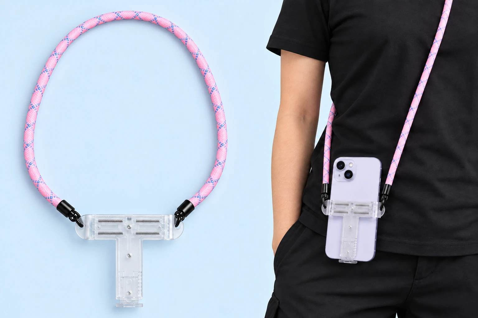 Clear T-clamp phone lanyard with pink and blue-flecked cord, complete set and illustrative wearing view