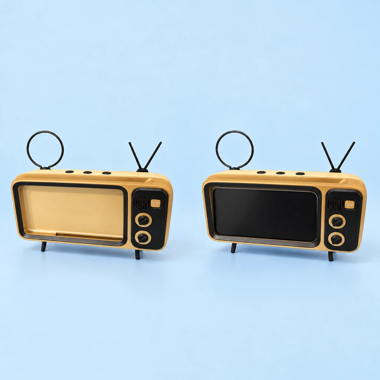 Coffee TV-Q02 Retro Mini-TV Desktop Phone Stand Frame; product and illustrative use on pale blue. Phone and scene props excluded., square composition