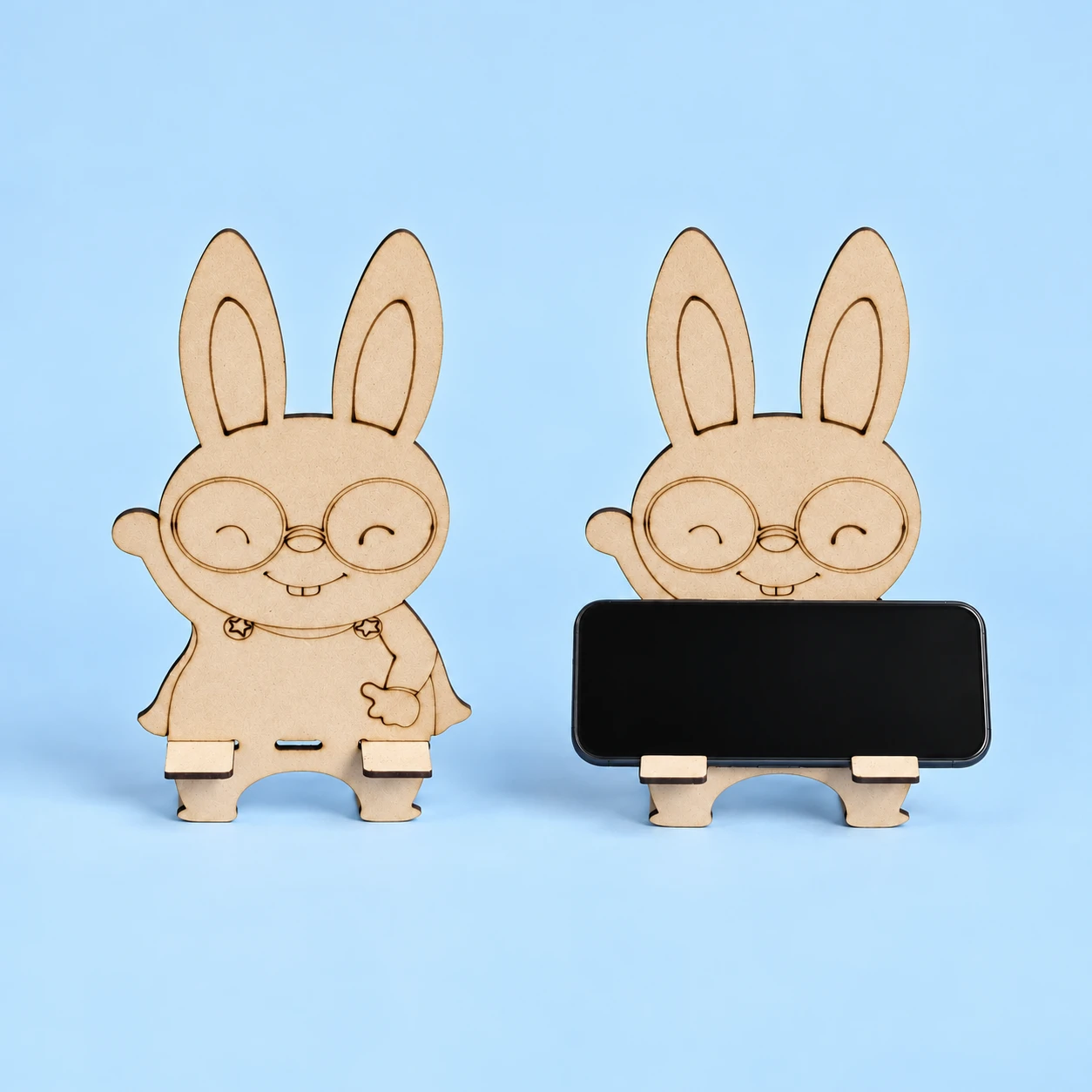 Natural glasses-rabbit interlocking wooden phone stand shown complete and supporting a landscape phone, square composition
