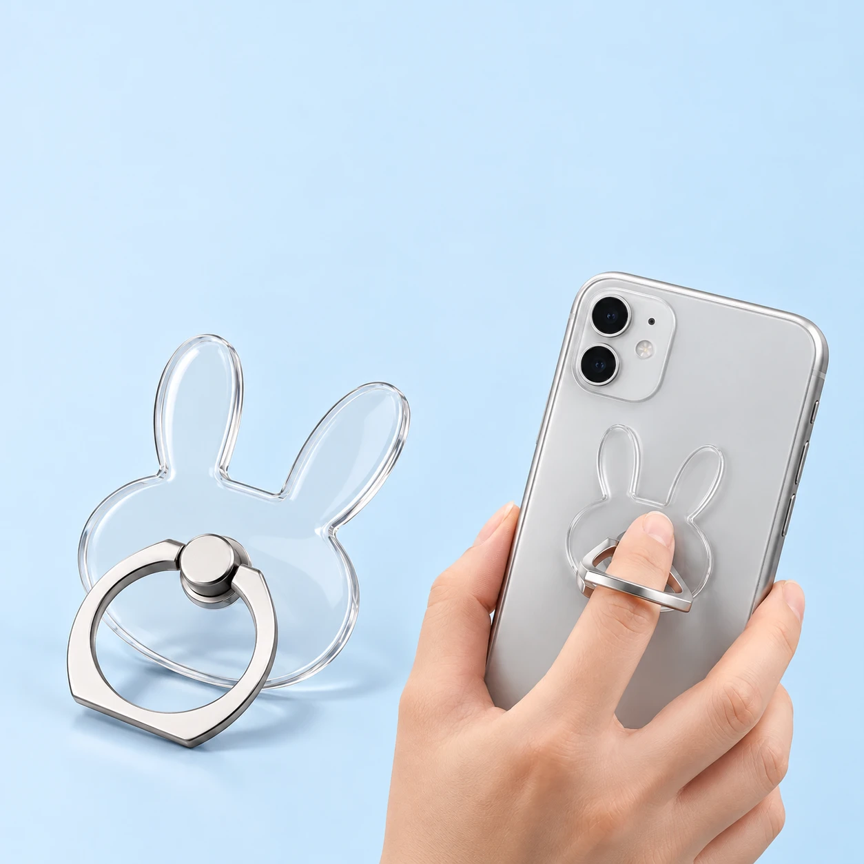 Clear long-eared bunny phone ring holder shown complete and in finger-grip use, square composition