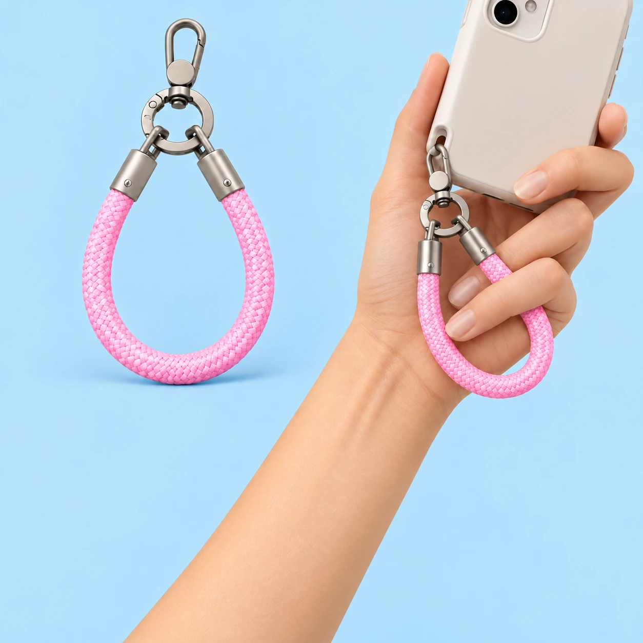 Pink dual-cap cord phone finger loop shown complete on the left, with its two separate cap eyes, common round ring and original oblong clasp; on the right the same original clasp connects directly through a compatible case’s integral eyelet while the hand supports the phone and fingers engage the loop. Phone and case not included., square composition
