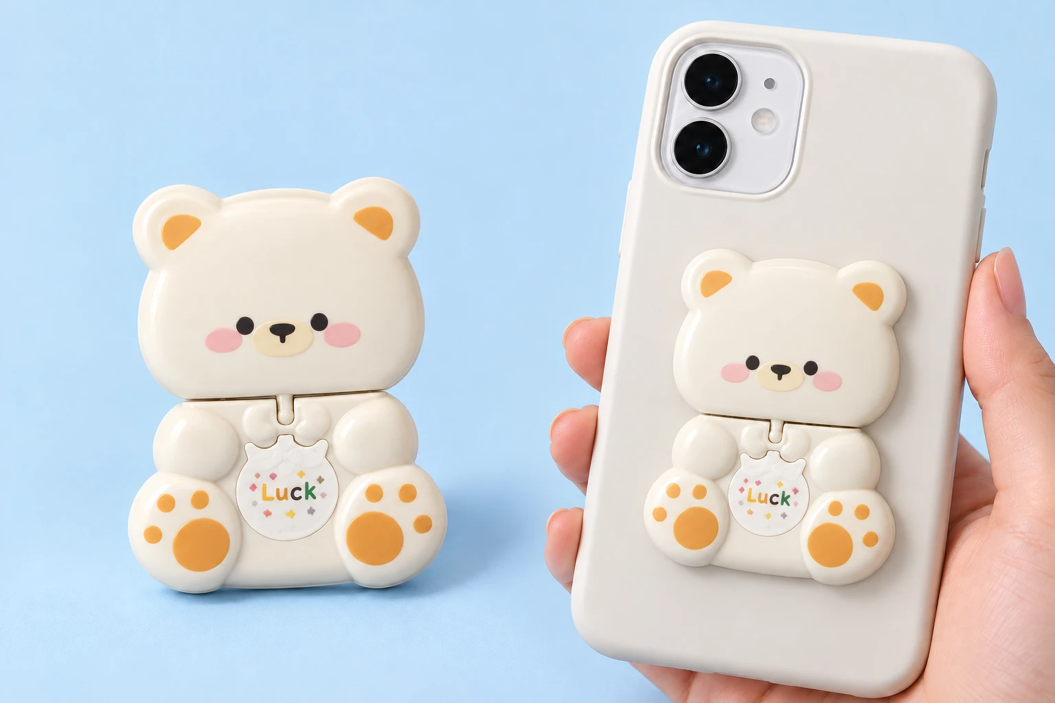 Cream Orange-Paw Bear Folding Mirror Phone Kickstand