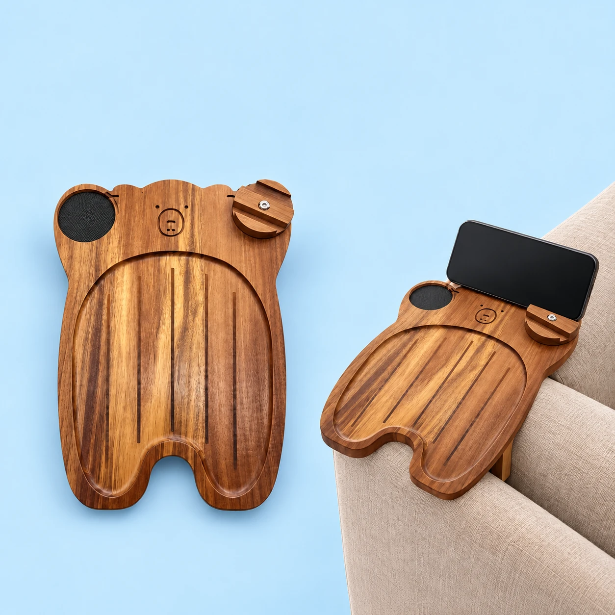 Brown Bear Sofa-Arm Phone Tray; product and illustrative use on pale blue. Phone and scene props excluded., square composition