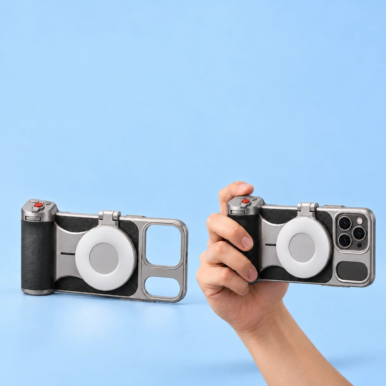 Black-and-Silver Phone Photography Grip Kit with Folded Round Fill Light; product and illustrative use on pale blue. Phone and scene props excluded., square composition