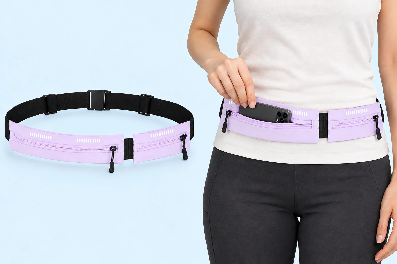 Lilac two-pouch phone belt and stationary front-zip phone insertion illustration