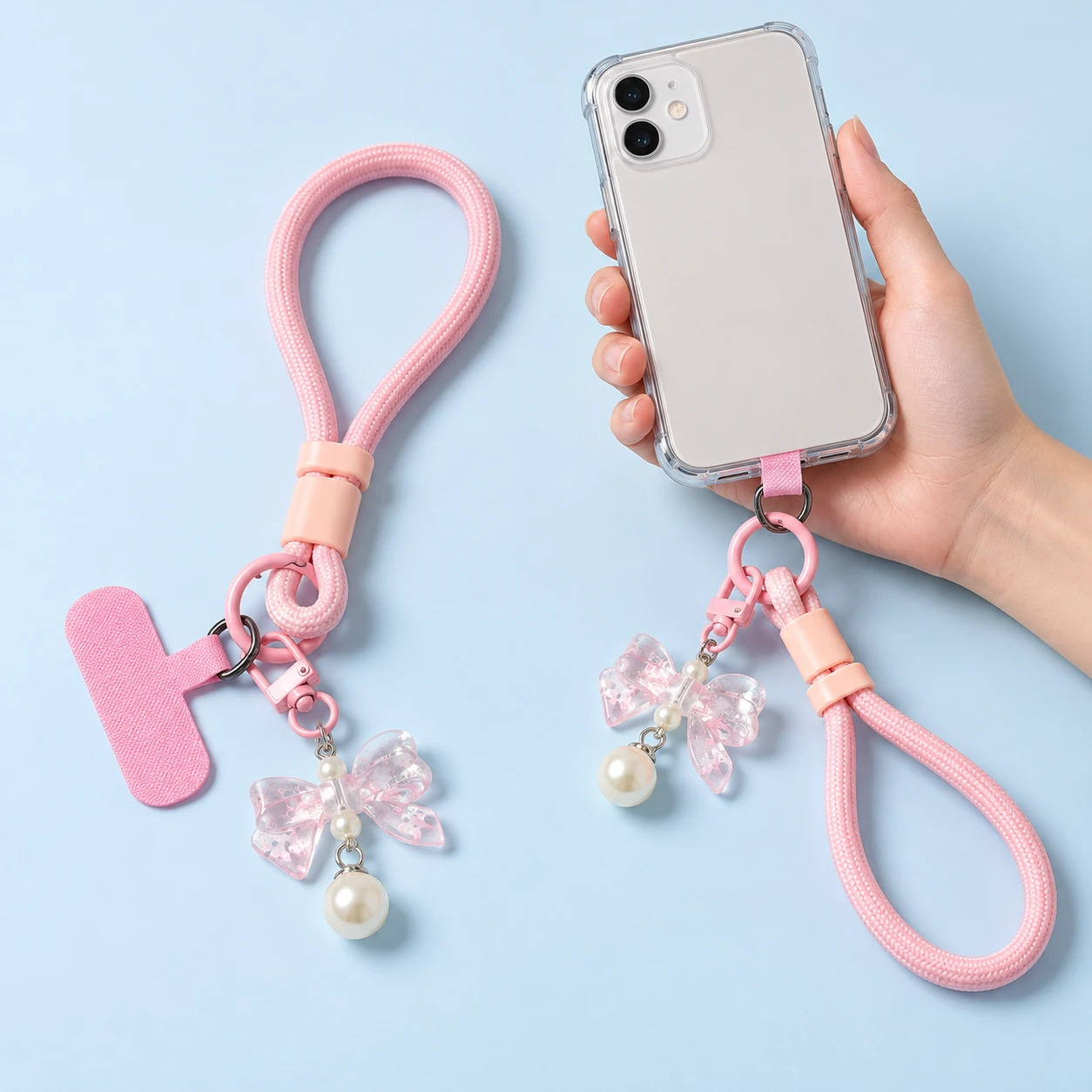 Pastel Pink Rope Phone Wrist Loop with Bow and Anchor