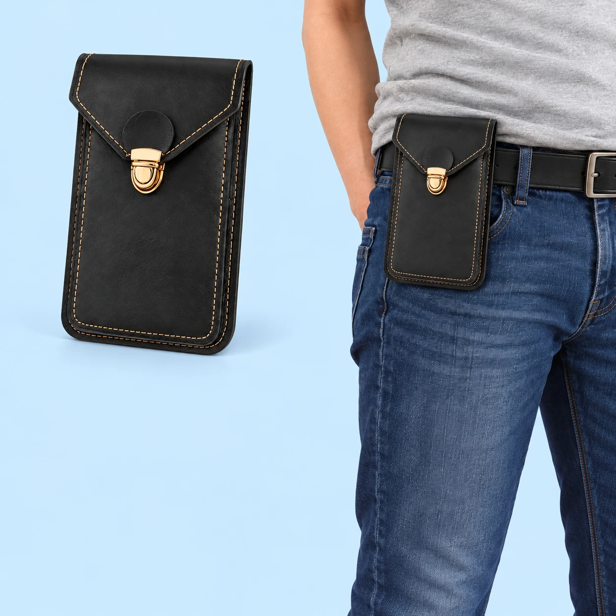 Black Envelope-Clasp Phone Belt Pouch; product and illustrative use on pale blue. Phone and scene props excluded., square composition