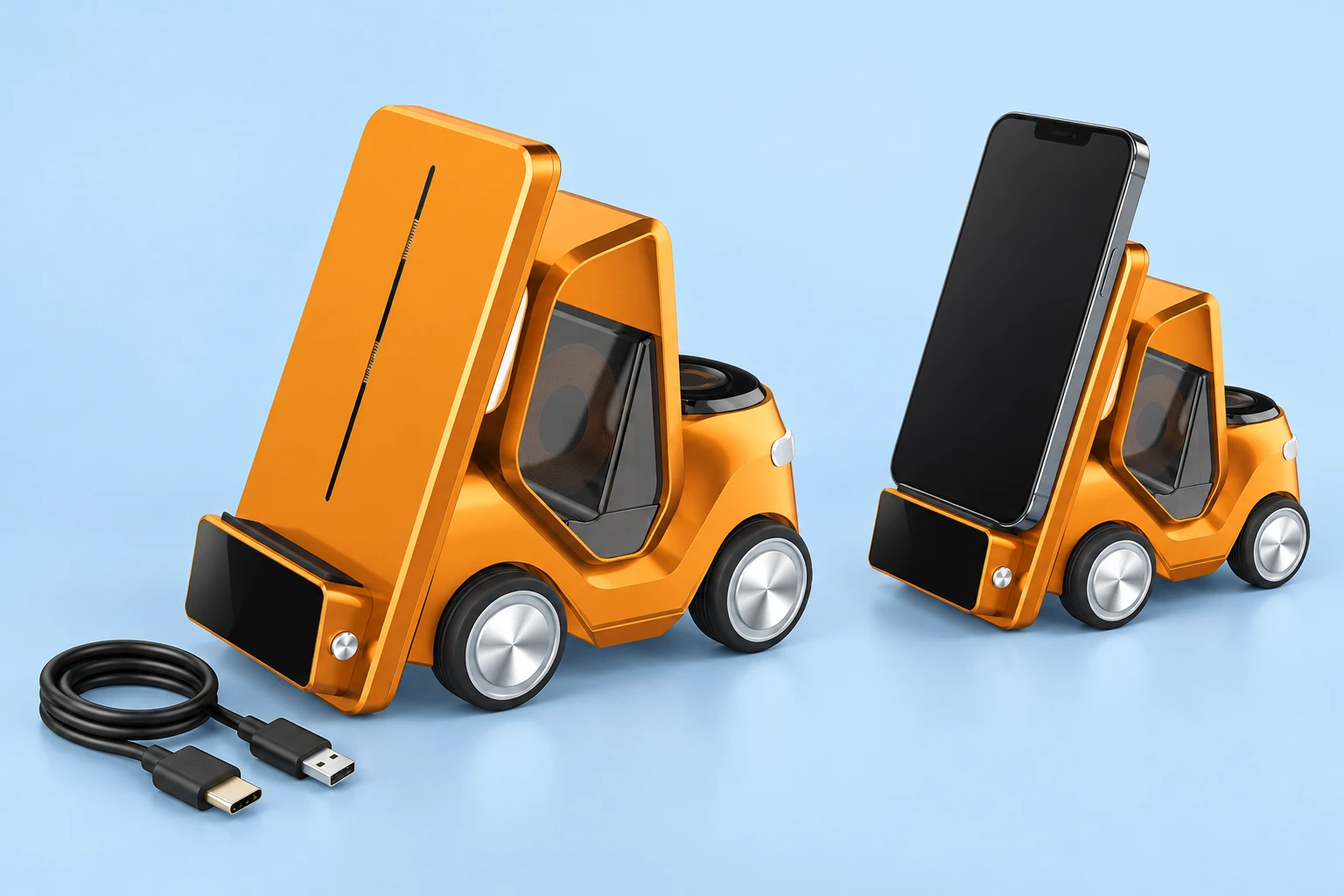 Orange Little-Car Wireless Charging Phone Stand with Cable photo