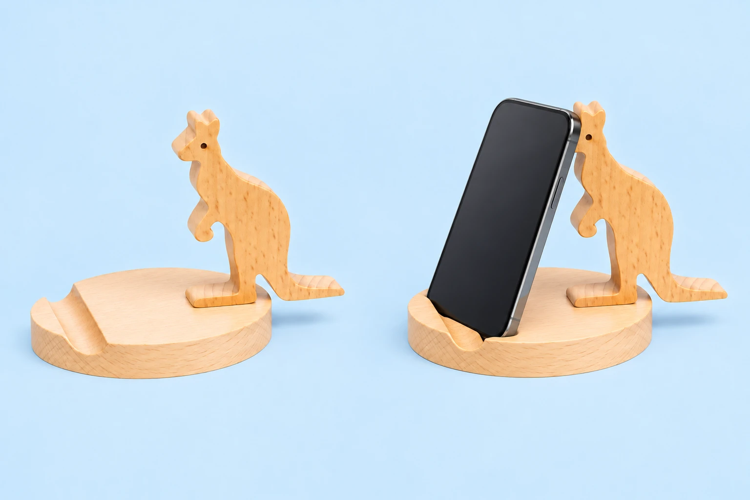 Wooden Kangaroo Phone Stand shown complete and supporting a portrait phone in its base groove
