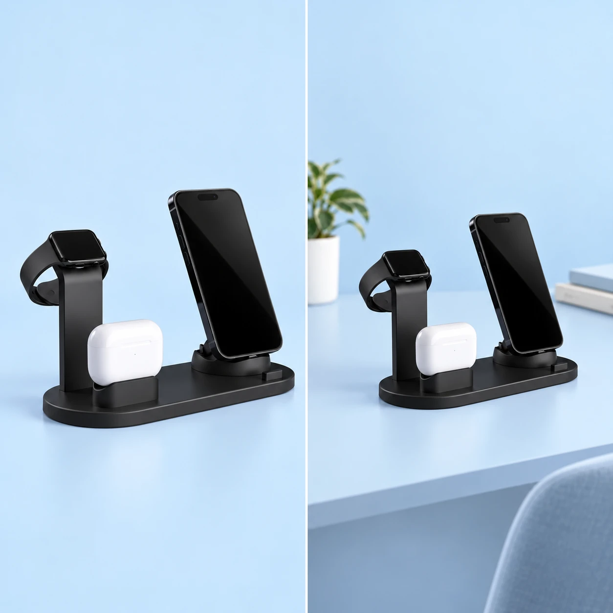 Complete black capsule-base charging dock in a source-faithful loaded catalog view at left and the same dock in stationary tabletop use at right on pale blue. Phone, watch, earbuds and their charging accessories are demonstration props, not included; no charging performance is shown., square composition