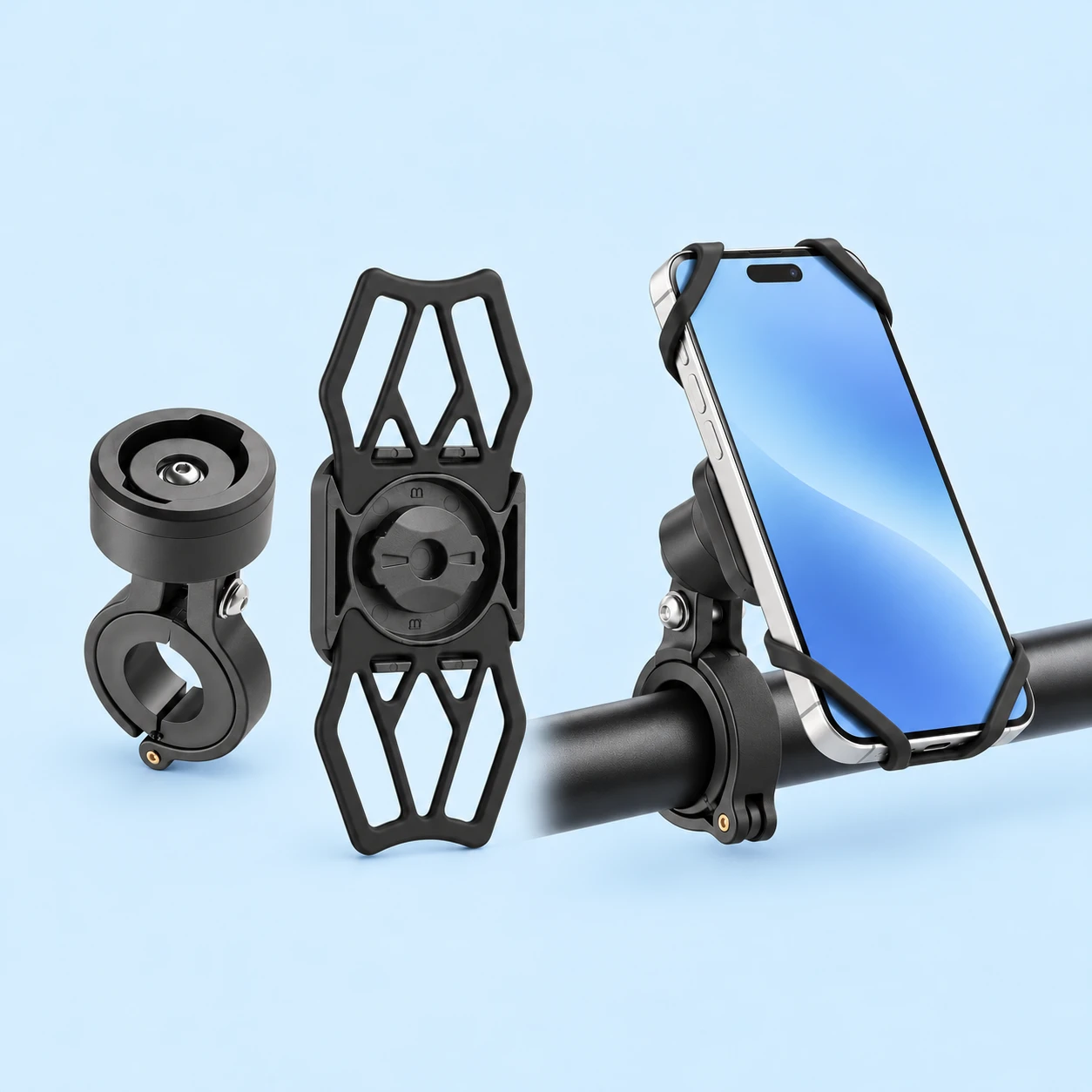 Black BG-1119 Mechanical-Dock Phone Bar Cradle; product and illustrative use on pale blue. Phone and scene props excluded., square composition