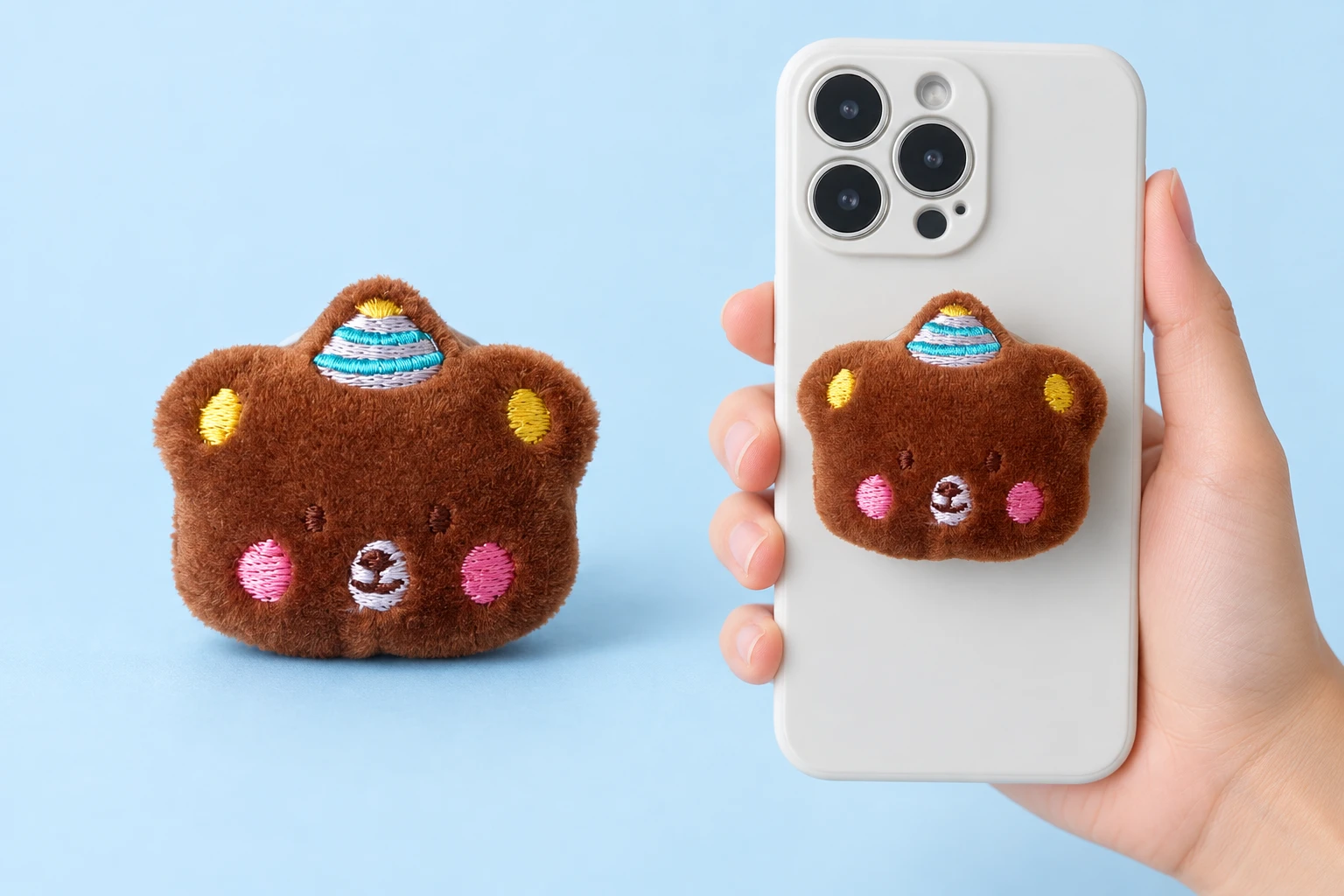 Brown Party-Hat Plush Bear Head Expandable Phone Grip