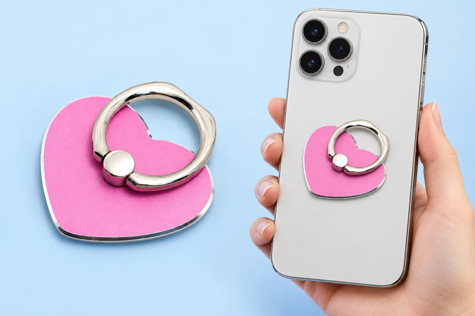 Pink squat metal heart phone ring with shallow notch, complete and closed on a hand-supported phone with rear fixing hidden