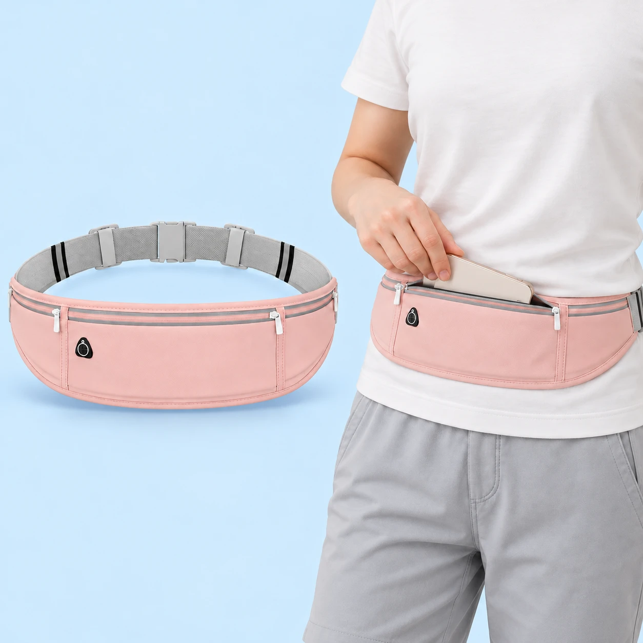Pastel pink sewn-panel three-pocket phone belt shown complete and worn with a phone partly inserted, square composition